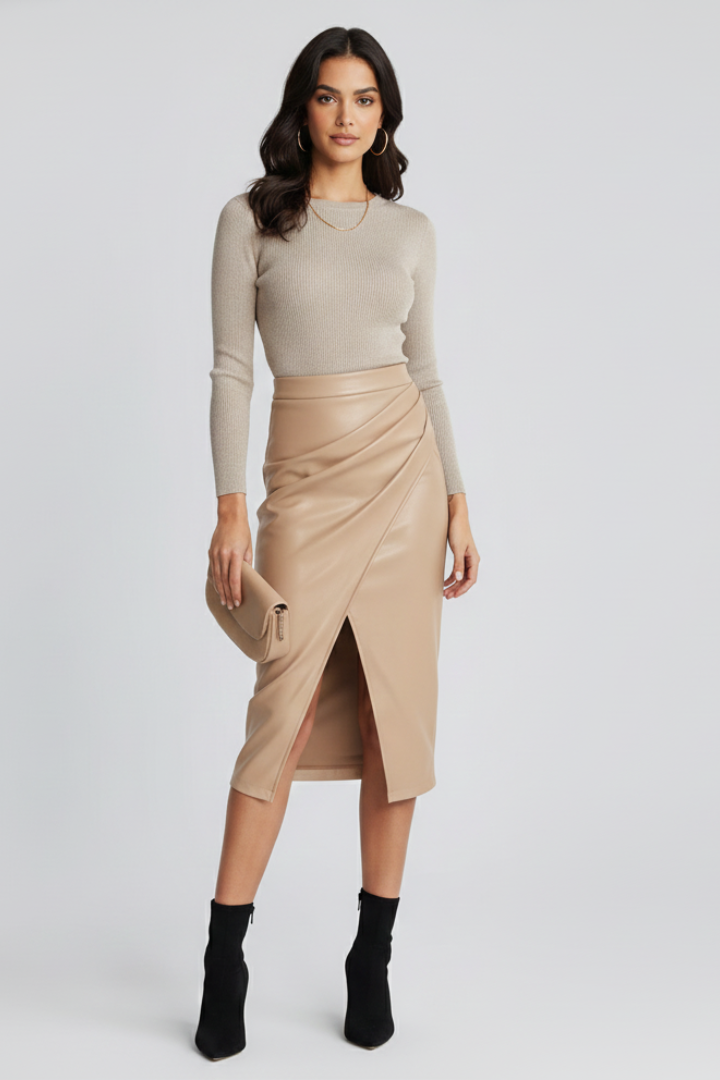 Pleated Midi Skirt with Front Split