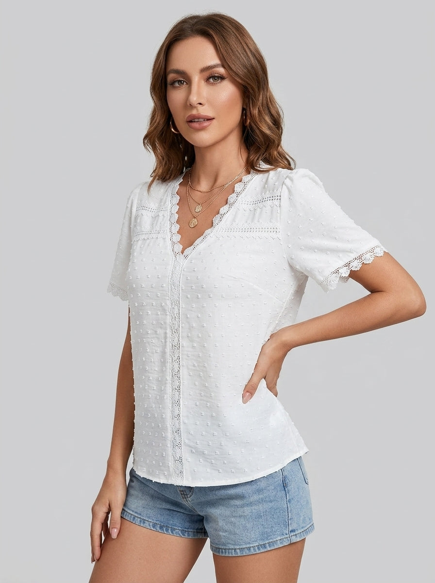 Beatrice | Women’s Lace Blouse – Short Sleeves, Shirt Collar