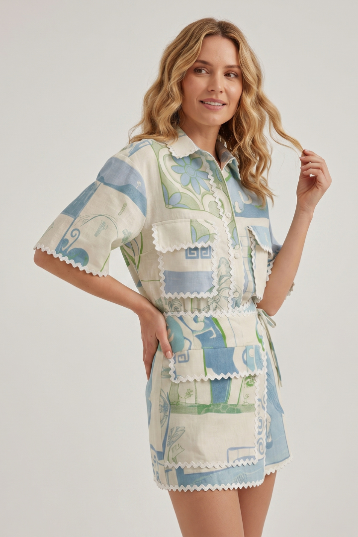 Belen | Women’s Boho Patchwork Two-Piece Set – Printed Short Sleeve Top & Shorts Outfit