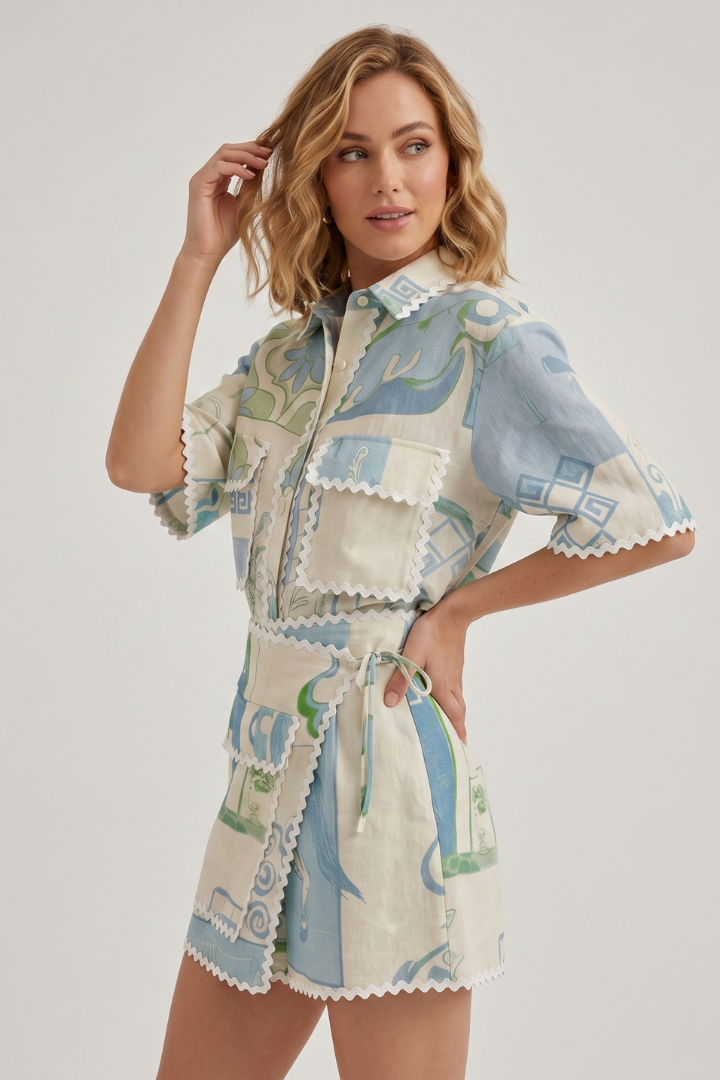 Belen | Women’s Boho Patchwork Two-Piece Set – Printed Short Sleeve Top & Shorts Outfit
