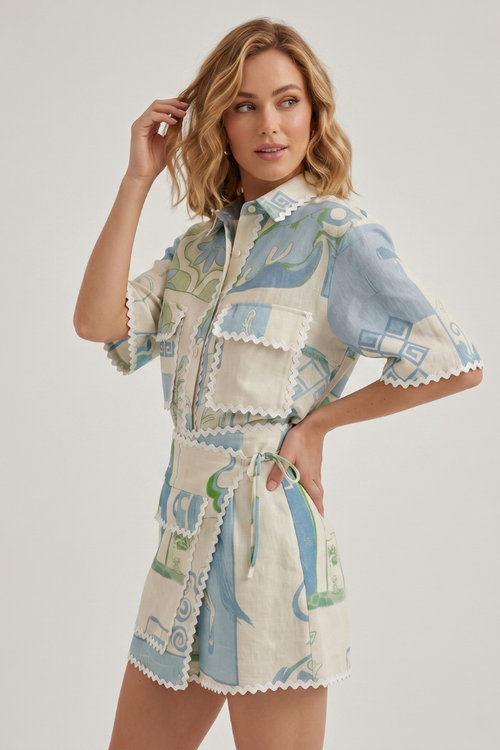 Belen | Women’s Boho Patchwork Two-Piece Set – Printed Short Sleeve Top & Shorts Outfit