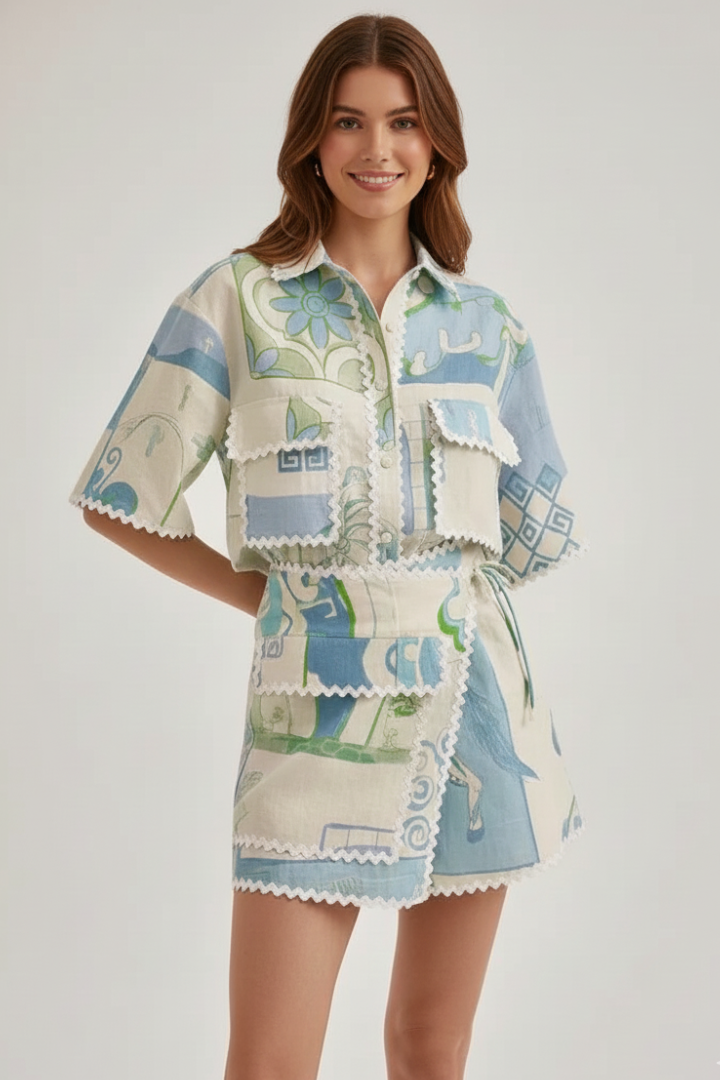 Belen | Women’s Boho Patchwork Two-Piece Set – Printed Short Sleeve Top & Shorts Outfit