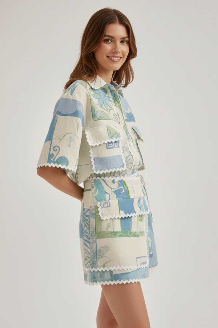 Belen | Women’s Boho Patchwork Two-Piece Set – Printed Short Sleeve Top & Shorts Outfit