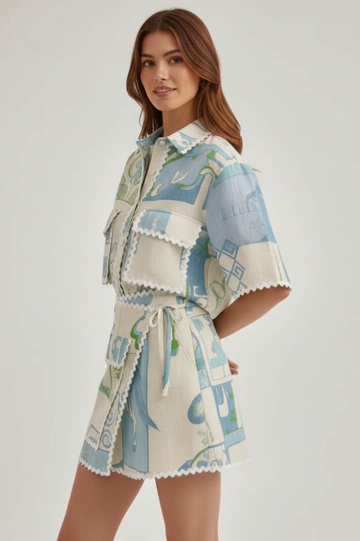 Belen | Women’s Boho Patchwork Two-Piece Set – Printed Short Sleeve Top & Shorts Outfit