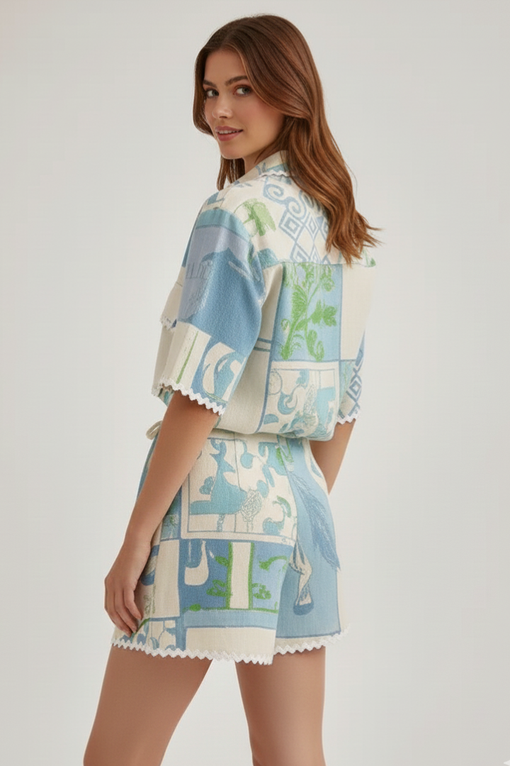 Belen | Women’s Boho Patchwork Two-Piece Set – Printed Short Sleeve Top & Shorts Outfit