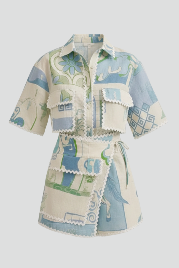 Belen | Women’s Boho Patchwork Two-Piece Set – Printed Short Sleeve Top & Shorts Outfit