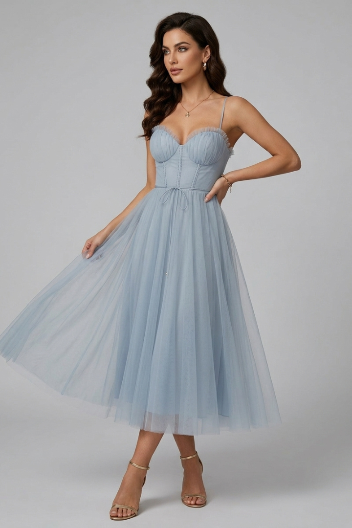 Bellamy | Women's Party Dress – Sweetheart Neck Tulle Skirt Spaghetti Strap Elegant Midi Dress