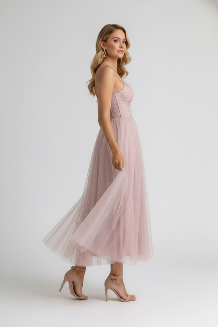 Bellamy | Women's Party Dress – Sweetheart Neck Tulle Skirt Spaghetti Strap Elegant Midi Dress