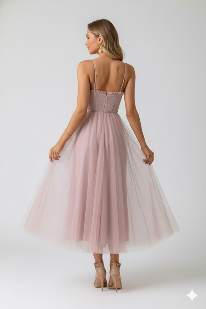 Bellamy | Women's Party Dress – Sweetheart Neck Tulle Skirt Spaghetti Strap Elegant Midi Dress