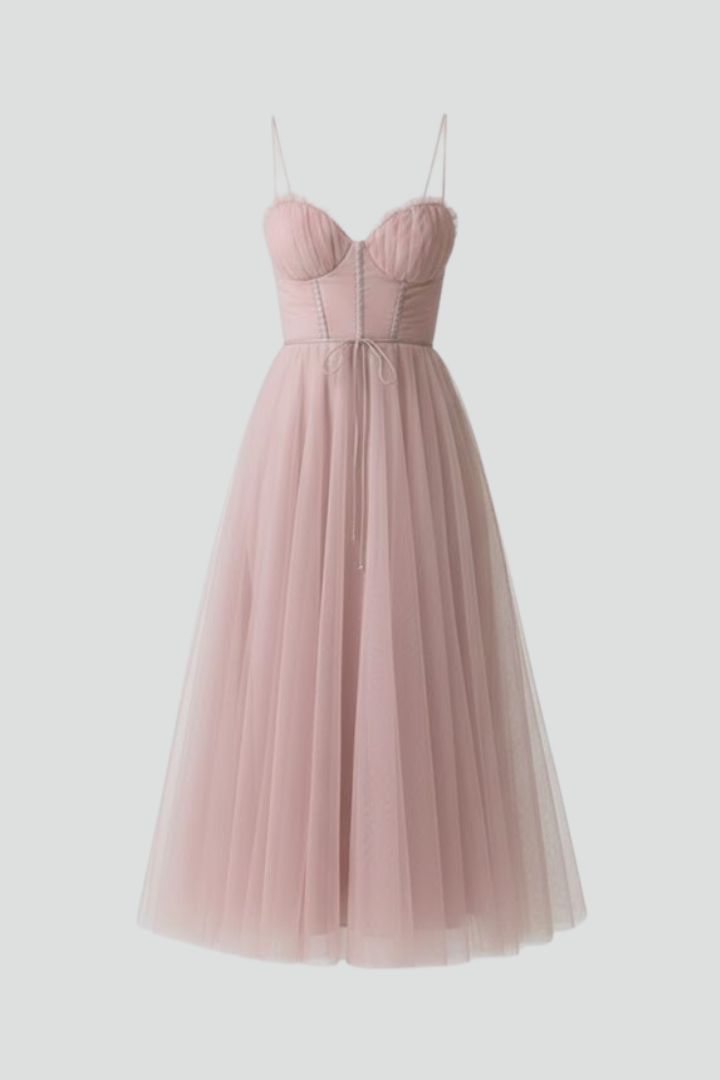Bellamy | Women's Party Dress – Sweetheart Neck Tulle Skirt Spaghetti Strap Elegant Midi Dress