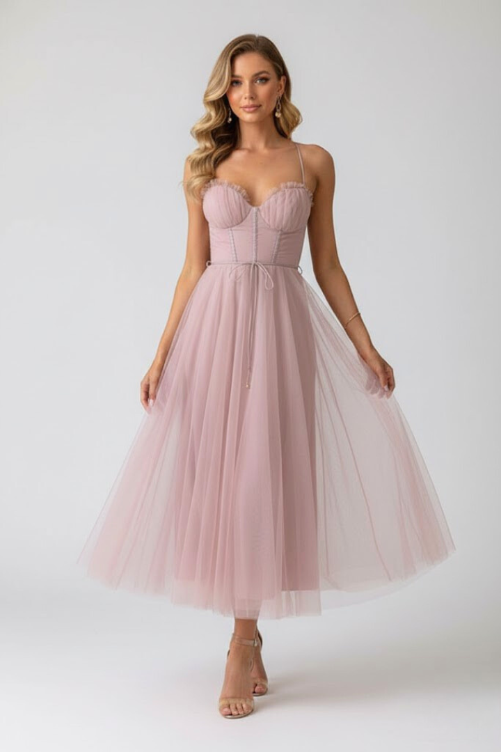 Bellamy | Women's Party Dress – Sweetheart Neck Tulle Skirt Spaghetti Strap Elegant Midi Dress