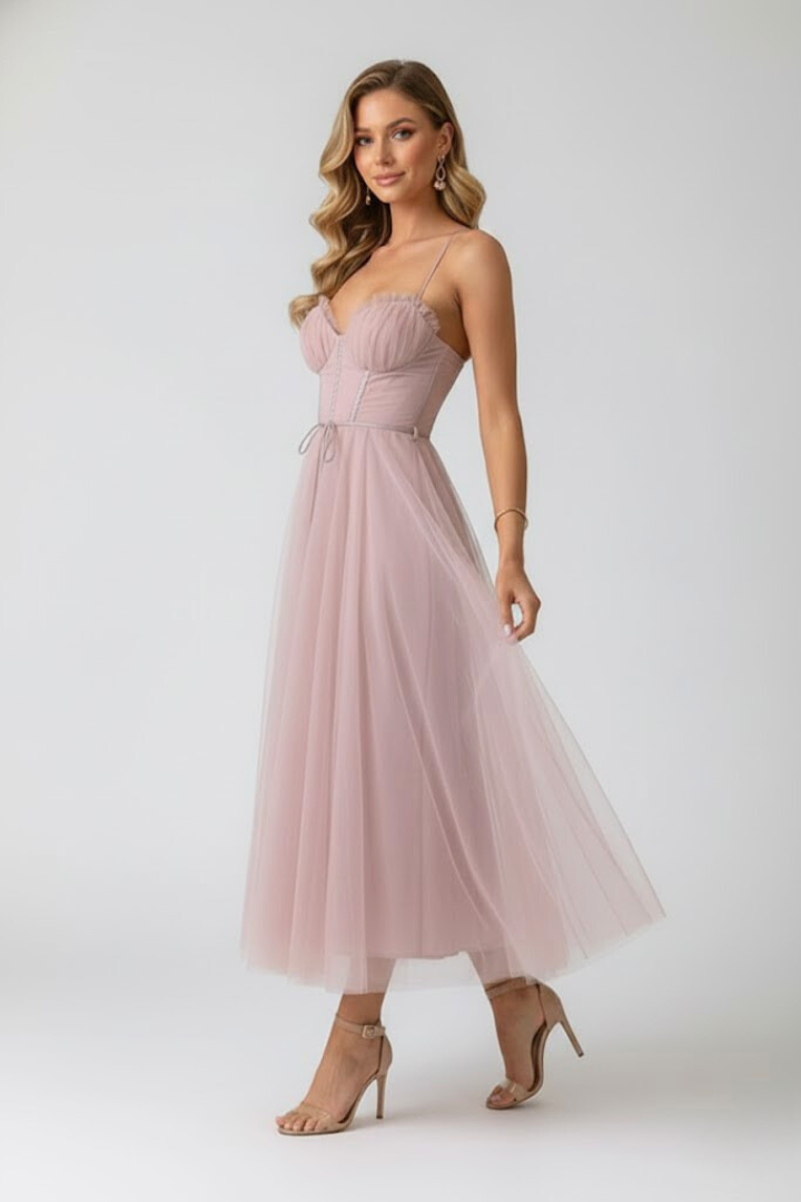 Bellamy | Women's Party Dress – Sweetheart Neck Tulle Skirt Spaghetti Strap Elegant Midi Dress