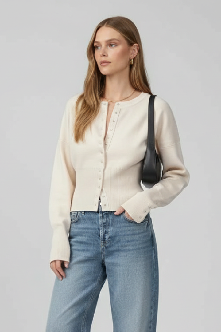 Belle | Women's Knit Cardigan – Round Neck Button Front Long Sleeve Sweater
