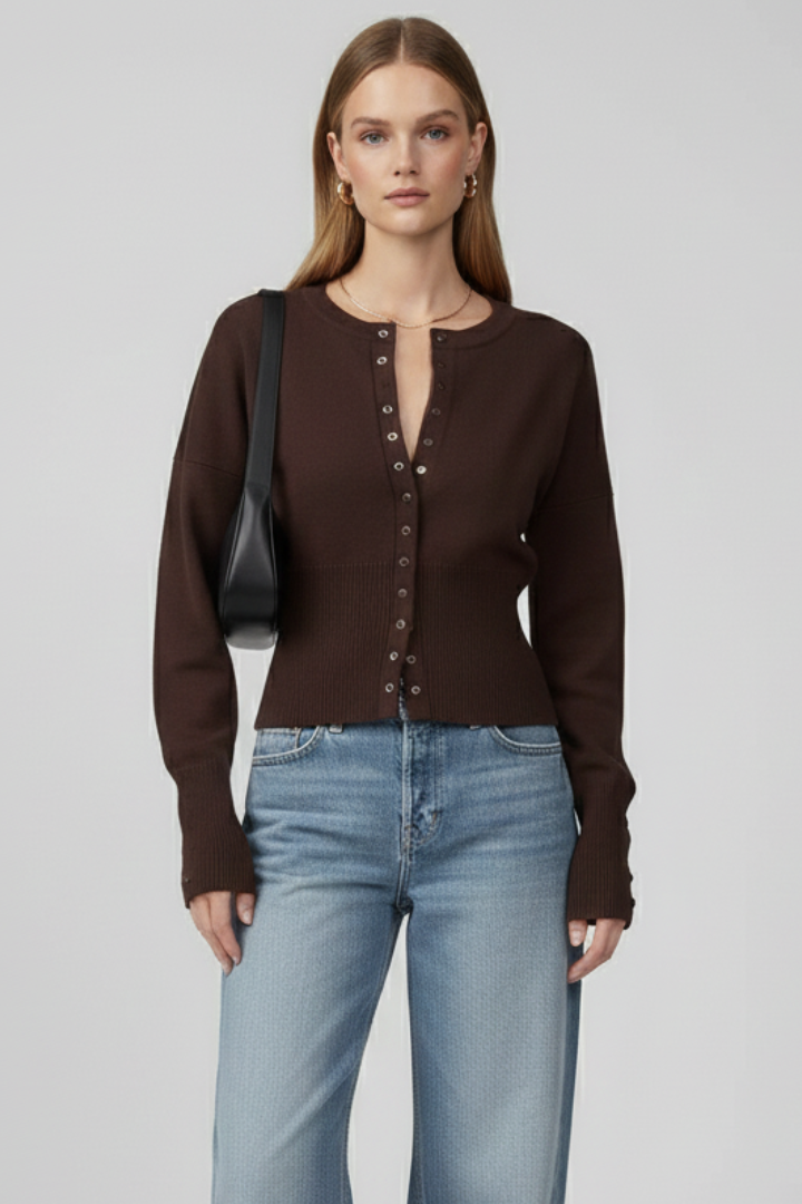 Belle | Women's Knit Cardigan – Round Neck Button Front Long Sleeve Sweater