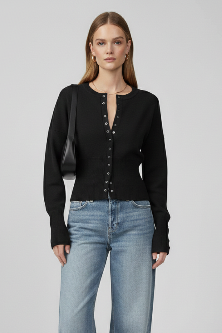 Belle | Women's Knit Cardigan – Round Neck Button Front Long Sleeve Sweater