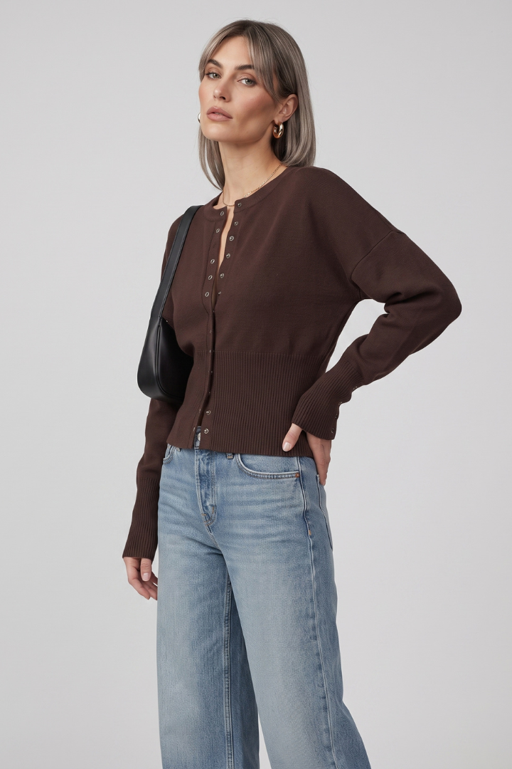 Belle | Women's Knit Cardigan – Round Neck Button Front Long Sleeve Sweater