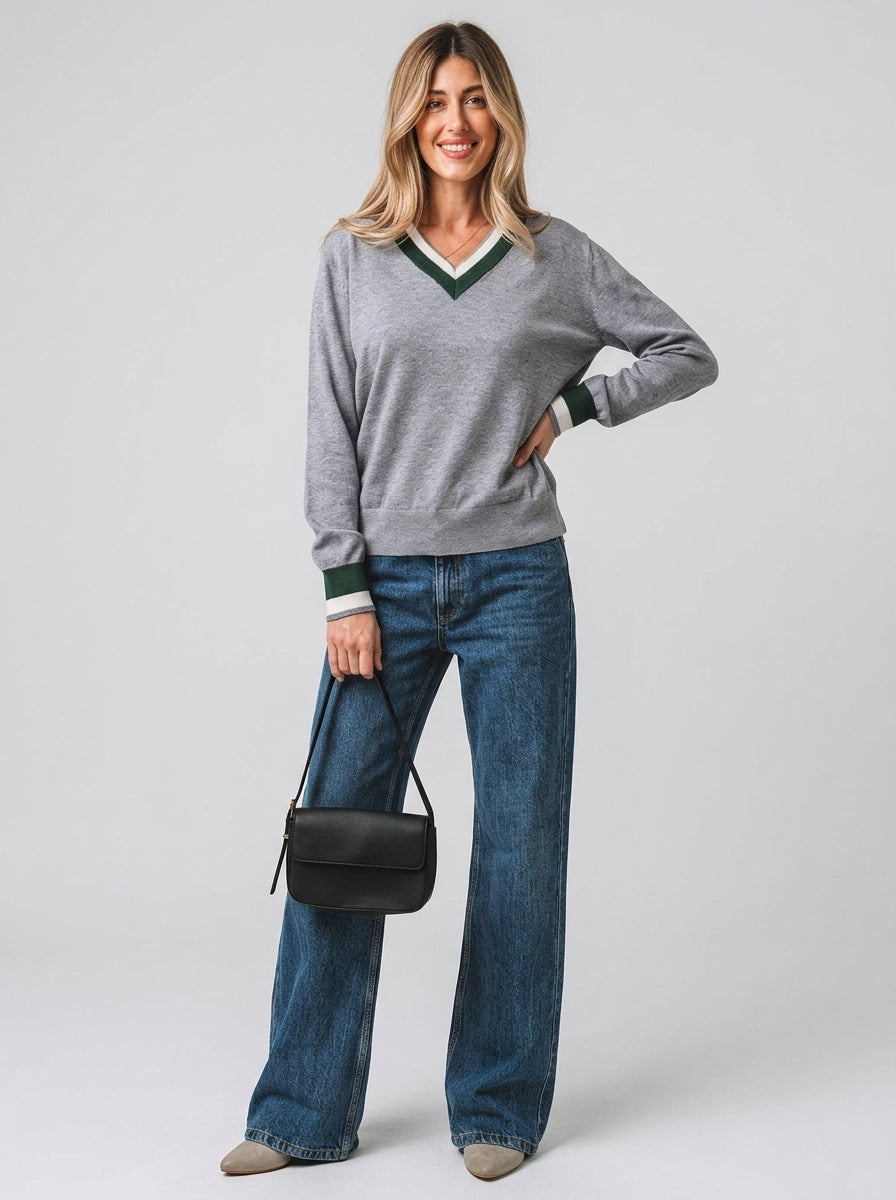 Bellerose | Women's Colorblock V-Neck Knit Sweater – Contrast Striped Trim