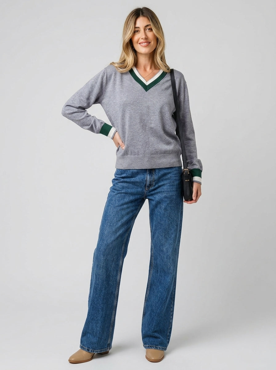 Bellerose | Women's Colorblock V-Neck Knit Sweater – Contrast Striped Trim
