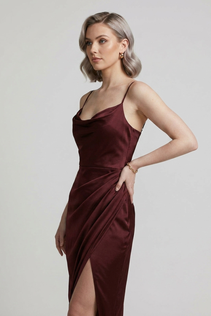 Bethany | Women's Long Dress – Slim Strap Draped Bodice Side Slit Elegant Formal Dress