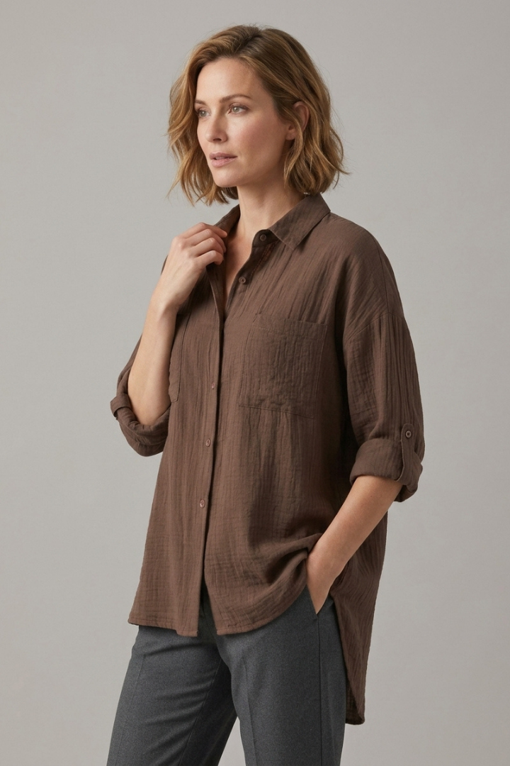 Billie | Women's Collared Blouse – Long Sleeve Button Front Shirt Top with Rolled Cuffs