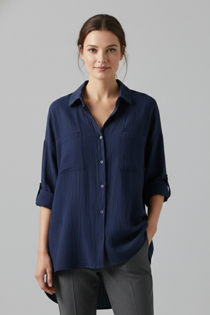 Billie | Women's Collared Blouse – Long Sleeve Button Front Shirt Top with Rolled Cuffs