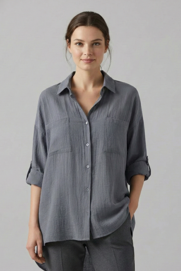 Billie | Women's Collared Blouse – Long Sleeve Button Front Shirt Top with Rolled Cuffs
