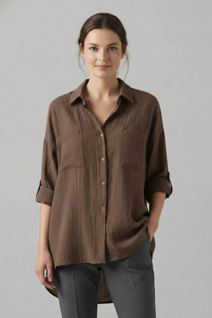 Billie | Women's Collared Blouse – Long Sleeve Button Front Shirt Top with Rolled Cuffs