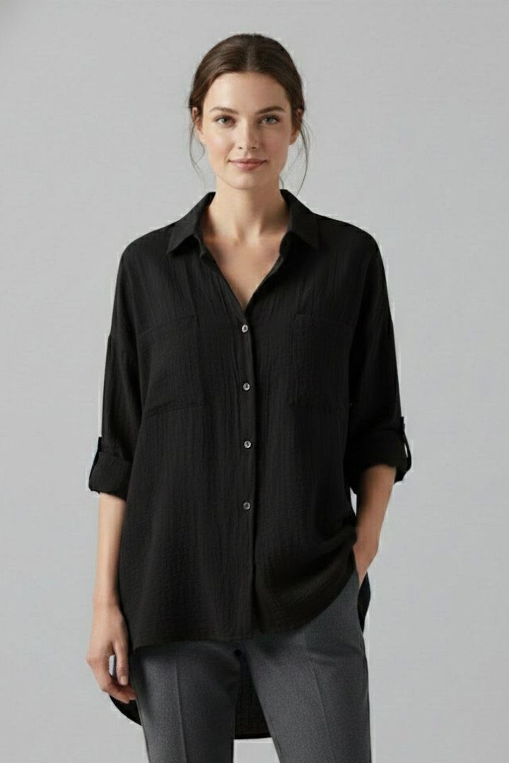 Billie | Women's Collared Blouse – Long Sleeve Button Front Shirt Top with Rolled Cuffs