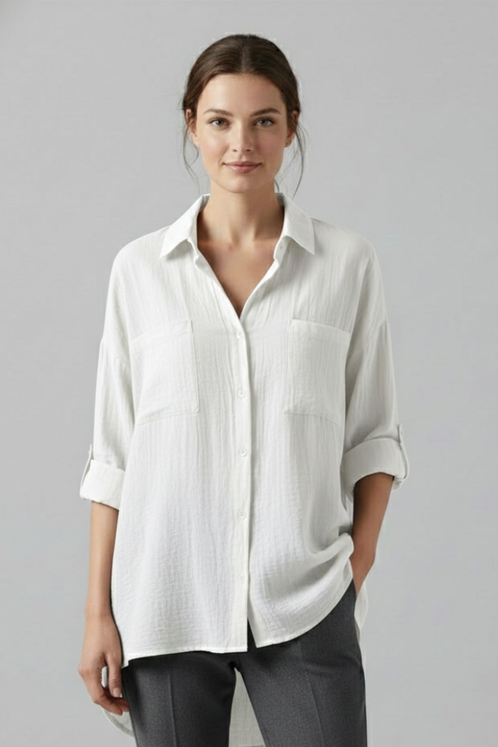 Billie | Women's Collared Blouse – Long Sleeve Button Front Shirt Top with Rolled Cuffs