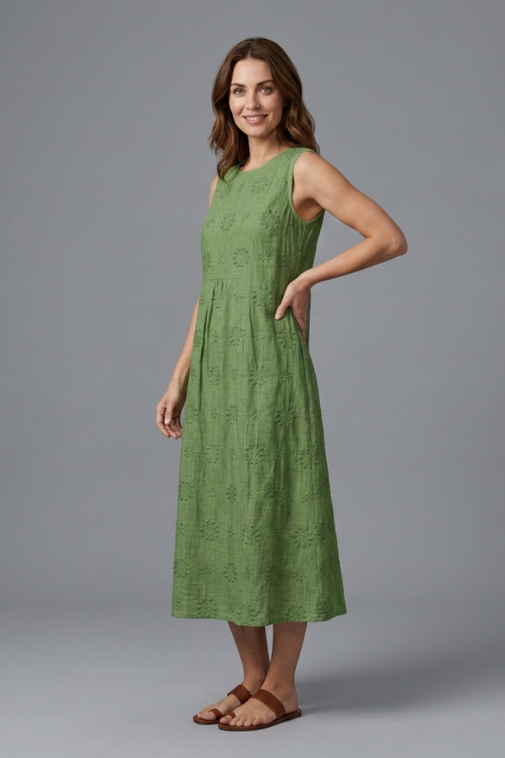 Blake | Women's Textured Midi Dress – Sleeveless Round Neck Casual Dress with Pockets