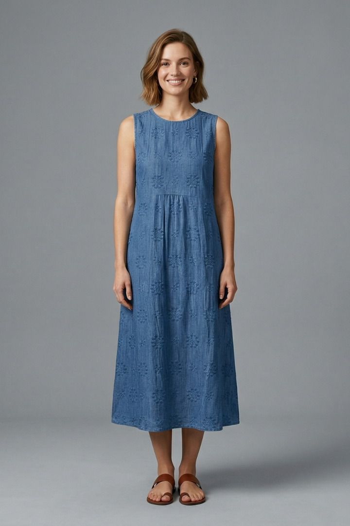 Blake | Women's Textured Midi Dress – Sleeveless Round Neck Casual Dress with Pockets
