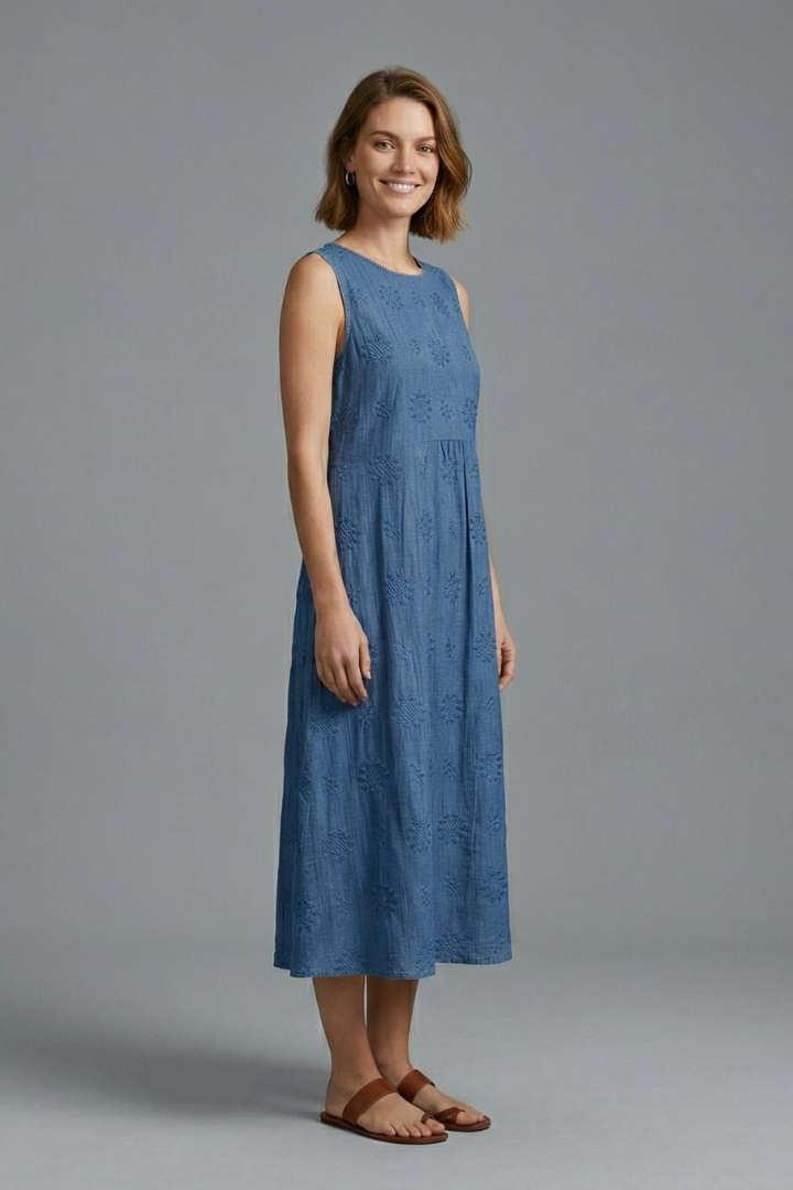 Blake | Women's Textured Midi Dress – Sleeveless Round Neck Casual Dress with Pockets