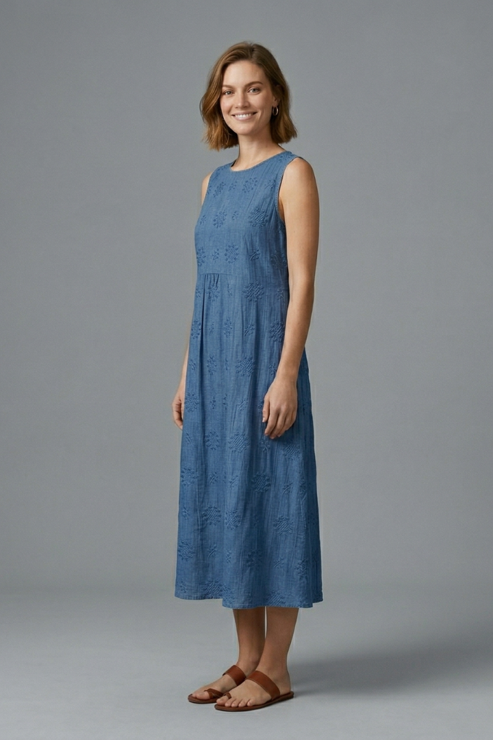 Blake | Women's Textured Midi Dress – Sleeveless Round Neck Casual Dress with Pockets