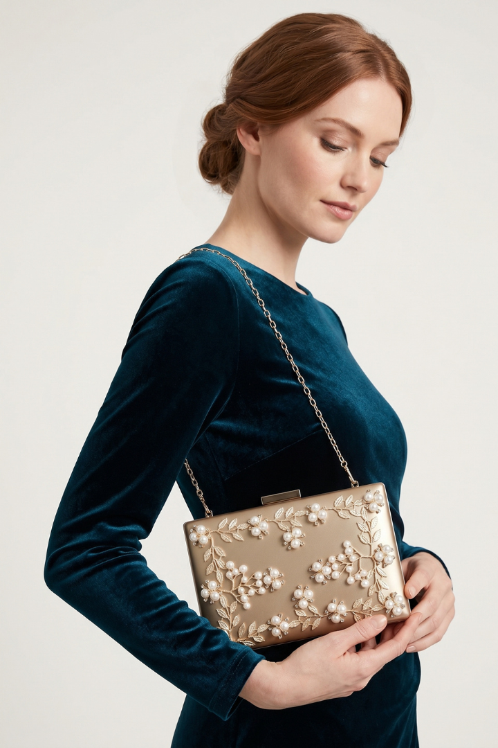 BloomClutch | Women's Floral Beaded Box Clutch Bag, Evening Party Wedding Purse