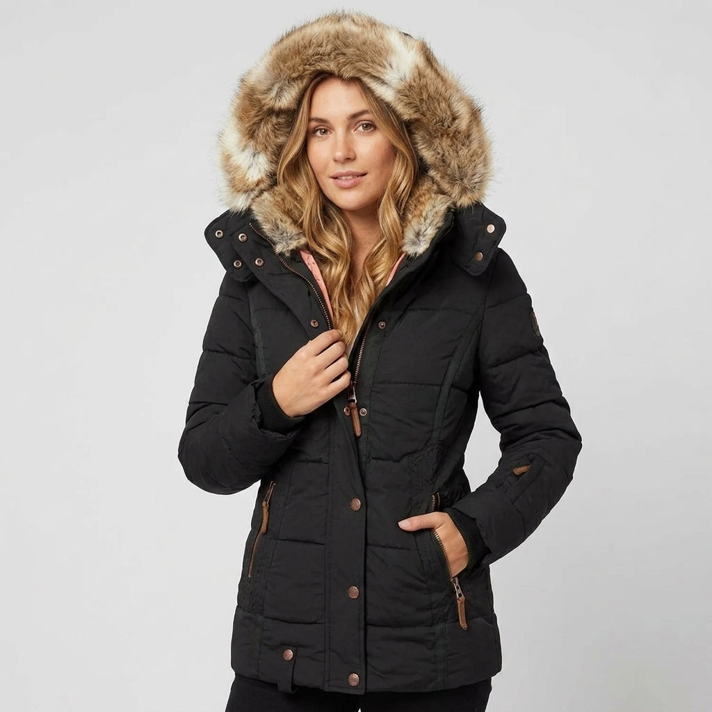 Brialea | Women's Hooded Winter Coat – Warm Fur-Lined Polyester Jacket for Cold Weather