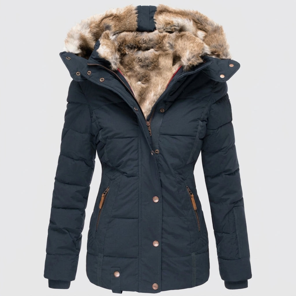 Brialea | Women's Hooded Winter Coat – Warm Fur-Lined Polyester Jacket for Cold Weather