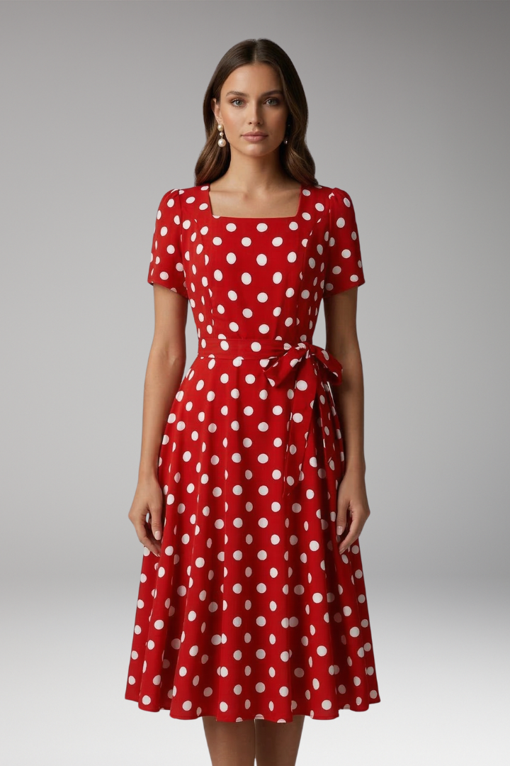 Briar | Women's Elegant Casual Dress – Short Sleeve V Neck Fit & Flare Spot Print Dress