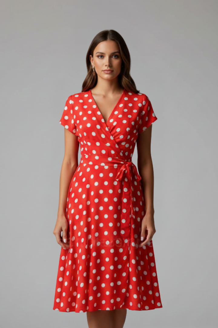 Briar | Women's Elegant Casual Dress – Short Sleeve V Neck Fit & Flare Spot Print Dress