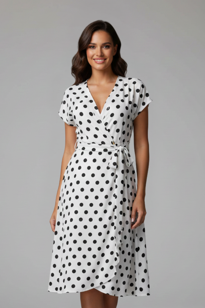 Briar | Women's Elegant Casual Dress – Short Sleeve V Neck Fit & Flare Spot Print Dress