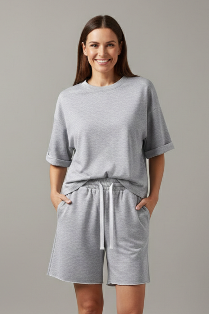 Brynn | Women's Matching Two-Piece Outfit – Short Sleeve Crop Top and Drawstring Waist Shorts Set