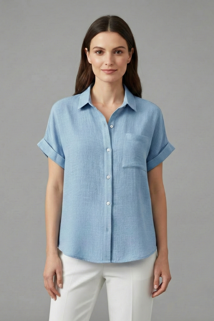 Cadence | Women's Casual Collared Button Front Shirt with Short Rolled Sleeves