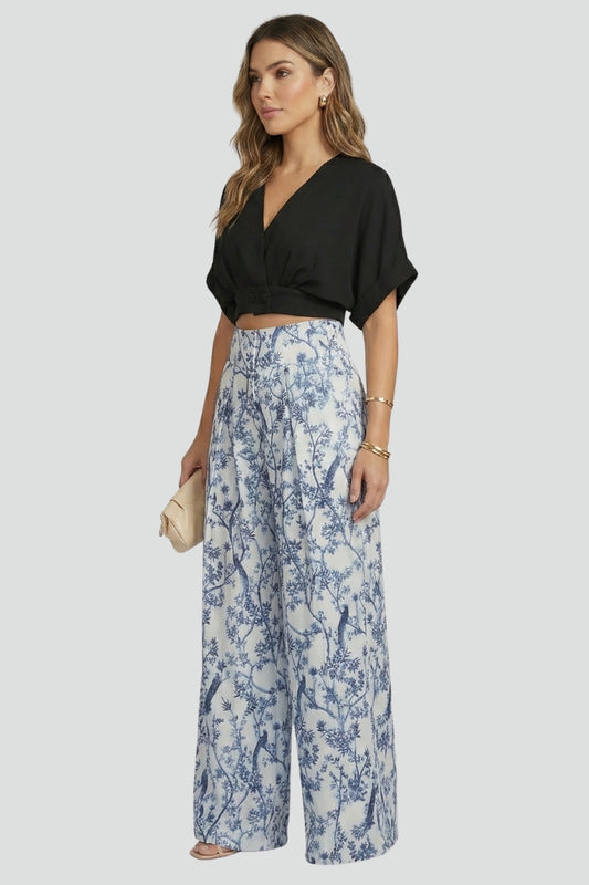 Caelina | Women’s Two-Piece Set V-Neck Top Short Sleeve Wide-Leg Printed Trousers