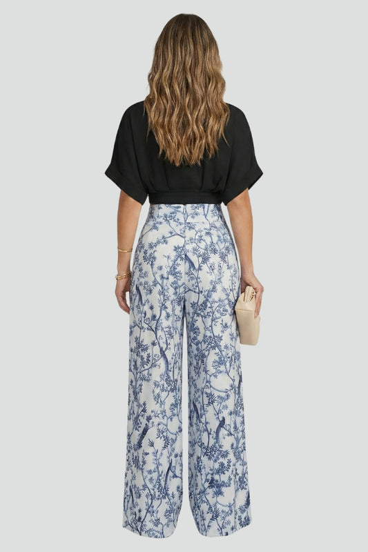 Caelina | Women’s Two-Piece Set V-Neck Top Short Sleeve Wide-Leg Printed Trousers