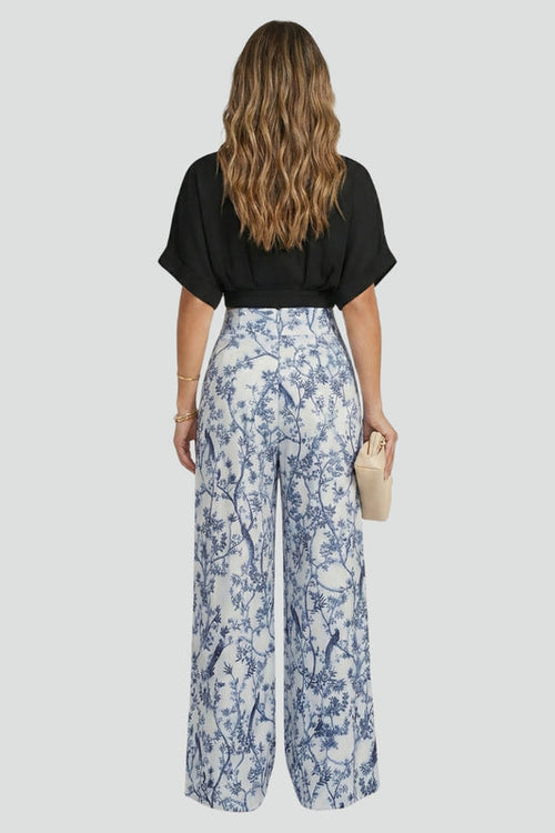 Caelina | Women’s Two-Piece Set V-Neck Top Short Sleeve Wide-Leg Printed Trousers