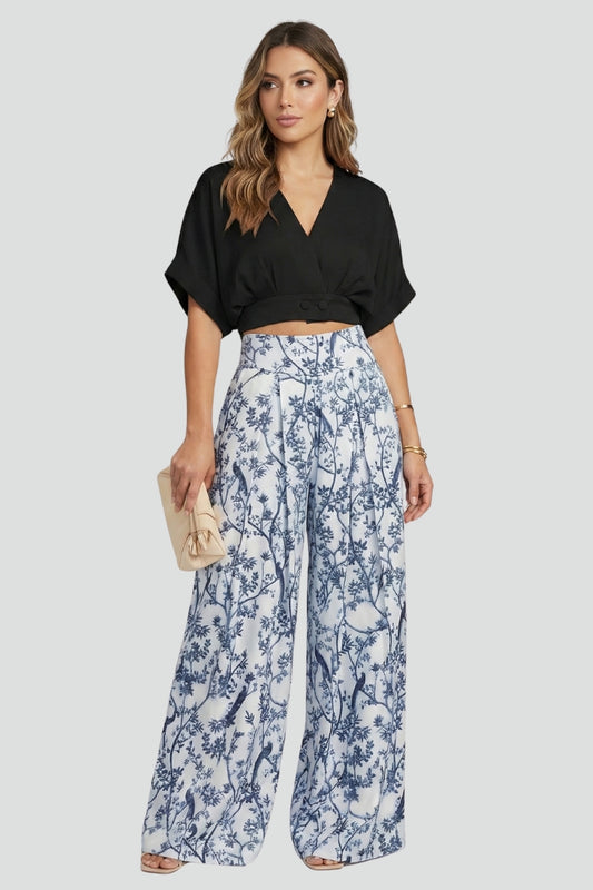 Caelina | Women’s Two-Piece Set V-Neck Top Short Sleeve Wide-Leg Printed Trousers