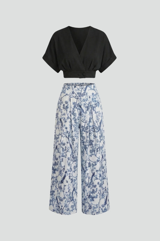 Caelina | Women’s Two-Piece Set V-Neck Top Short Sleeve Wide-Leg Printed Trousers