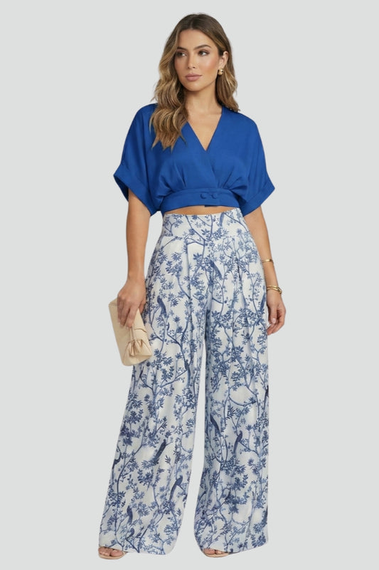 Caelina | Women’s Two-Piece Set V-Neck Top Short Sleeve Wide-Leg Printed Trousers