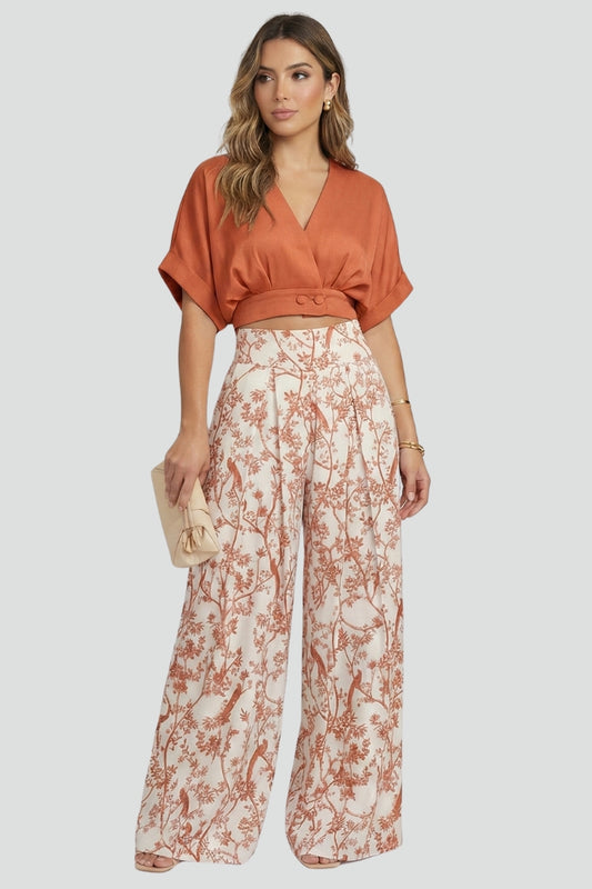Caelina | Women’s Two-Piece Set V-Neck Top Short Sleeve Wide-Leg Printed Trousers