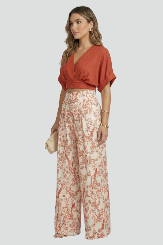 Caelina | Women’s Two-Piece Set V-Neck Top Short Sleeve Wide-Leg Printed Trousers