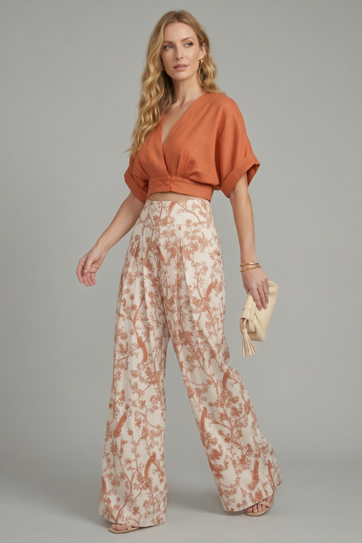 Caelina | Women’s Two-Piece Set V-Neck Top Short Sleeve Wide-Leg Printed Trousers